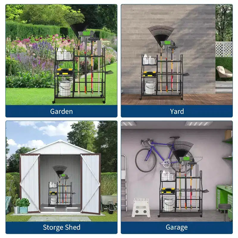Organisateur d'outils de jardin, support de rangement de jardin avec roues et paniers, organisateur d'outils de garage autoportant pour pelouse, abri de jardin, patio, râteaux