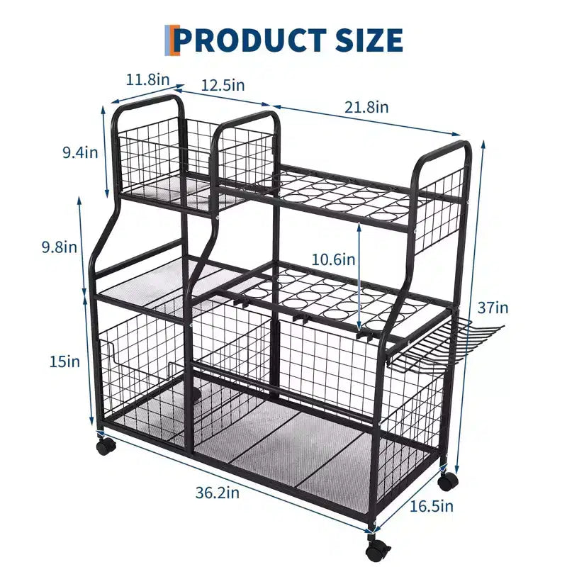 Organisateur d'outils de jardin, support de rangement de jardin avec roues et paniers, organisateur d'outils de garage autoportant pour pelouse, abri de jardin, patio, râteaux