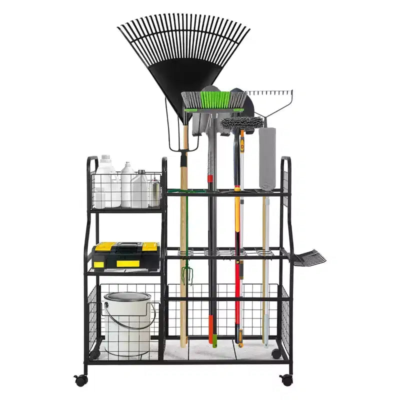 Organisateur d'outils de jardin, support de rangement de jardin avec roues et paniers, organisateur d'outils de garage autoportant pour pelouse, abri de jardin, patio, râteaux
