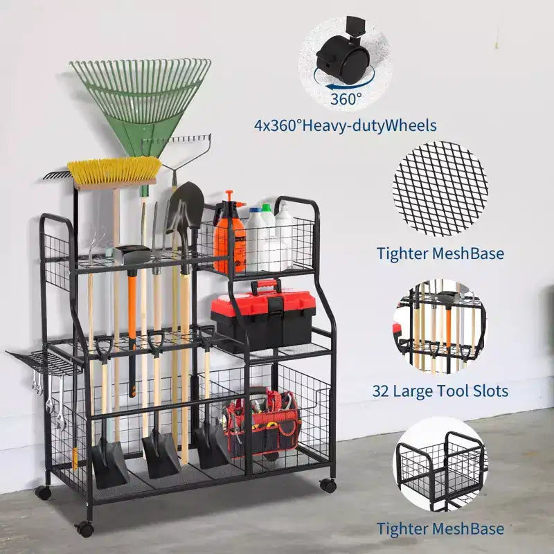 Organisateur d'outils de jardin, support de rangement de jardin avec roues et paniers, organisateur d'outils de garage autoportant pour pelouse, abri de jardin, patio, râteaux