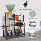 Organisateur d'outils de jardin, support de rangement de jardin avec roues et paniers, organisateur d'outils de garage autoportant pour pelouse, abri de jardin, patio, râteaux