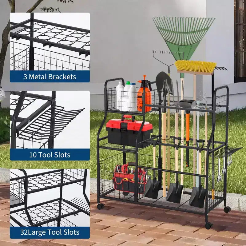 Organisateur d'outils de jardin, support de rangement de jardin avec roues et paniers, organisateur d'outils de garage autoportant pour pelouse, abri de jardin, patio, râteaux