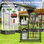 Organisateur d'outils de jardin, support de rangement de jardin avec roues et paniers, organisateur d'outils de garage autoportant pour pelouse, abri de jardin, patio, râteaux