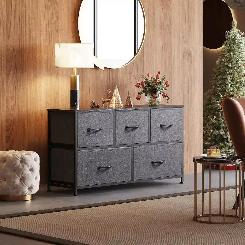 Commode en Tissu à 5 Tiroirs avec Cadre Métallique, Unité de Rangement Large de 100 cm pour Chambre, Placard, Salon, Couloir
