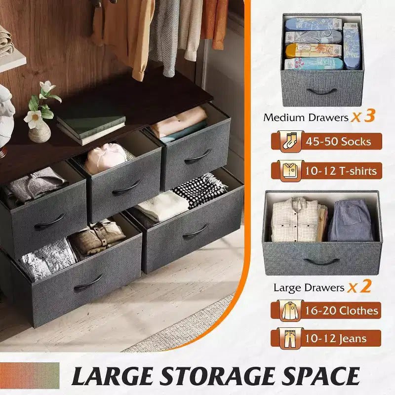Commode en Tissu à 5 Tiroirs avec Cadre Métallique, Unité de Rangement Large de 100 cm pour Chambre, Placard, Salon, Couloir