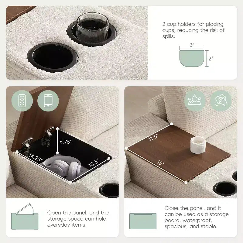 Canapé d'angle en chenille Whisen et ensemble de canapés douillets Cloud avec table escamotable, porte-gobelets et accoudoir de rangement