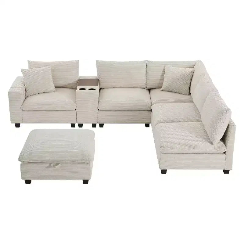Canapé d'angle en chenille Whisen et ensemble de canapés douillets Cloud avec table escamotable, porte-gobelets et accoudoir de rangement