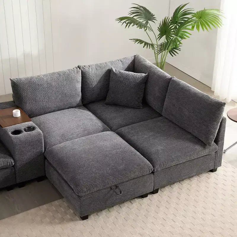 Canapé d'angle en chenille Whisen et ensemble de canapés douillets Cloud avec table escamotable, porte-gobelets et accoudoir de rangement