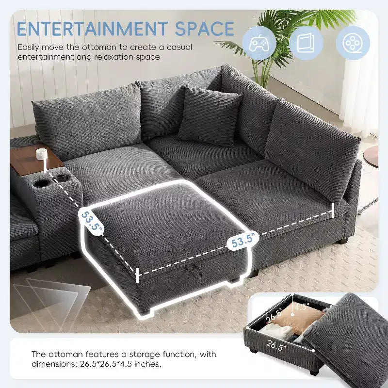 Canapé d'angle en chenille Whisen et ensemble de canapés douillets Cloud avec table escamotable, porte-gobelets et accoudoir de rangement