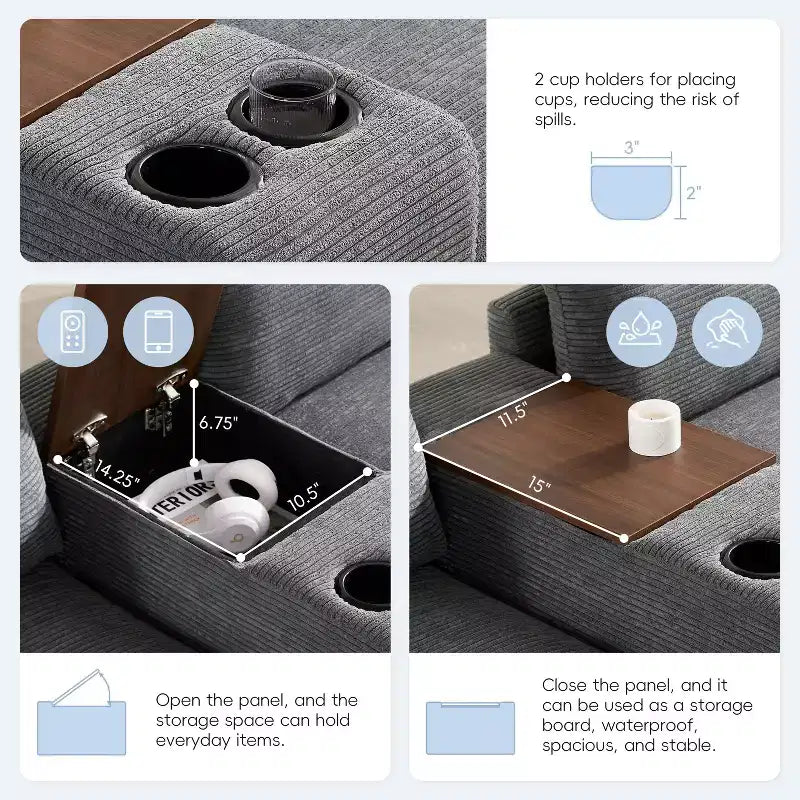 Canapé d'angle en chenille Whisen et ensemble de canapés douillets Cloud avec table escamotable, porte-gobelets et accoudoir de rangement