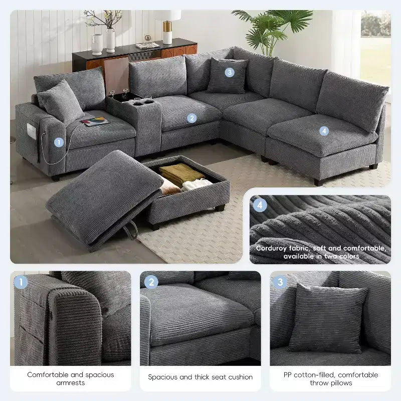 Canapé d'angle en chenille Whisen et ensemble de canapés douillets Cloud avec table escamotable, porte-gobelets et accoudoir de rangement