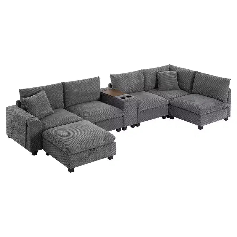 Canapé d'angle en chenille Whisen et ensemble de canapés douillets Cloud avec table escamotable, porte-gobelets et accoudoir de rangement