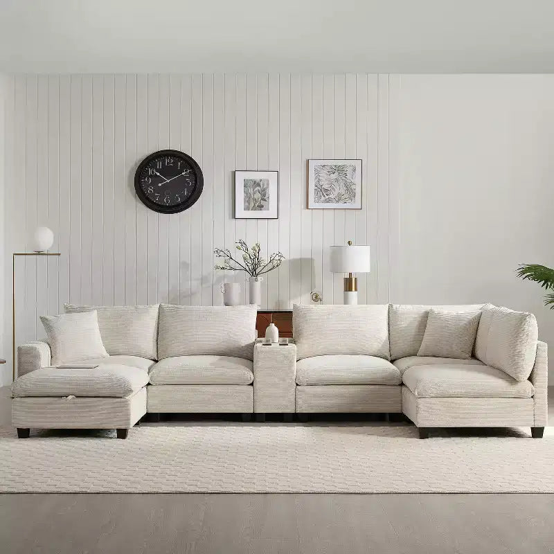 Canapé d'angle en chenille Whisen et ensemble de canapés douillets Cloud avec table escamotable, porte-gobelets et accoudoir de rangement