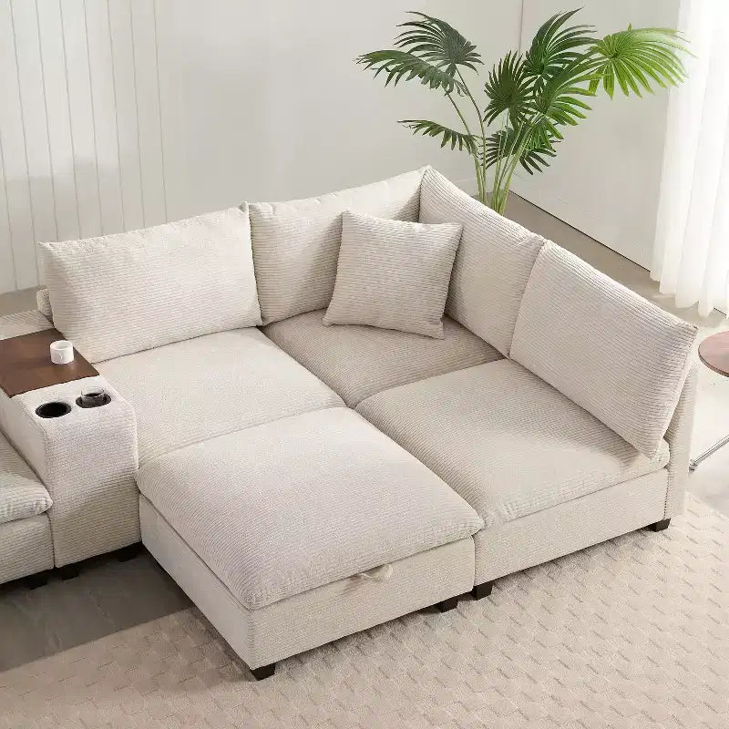 Canapé d'angle en chenille Whisen et ensemble de canapés douillets Cloud avec table escamotable, porte-gobelets et accoudoir de rangement
