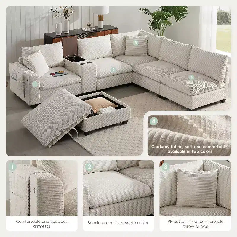 Canapé d'angle en chenille Whisen et ensemble de canapés douillets Cloud avec table escamotable, porte-gobelets et accoudoir de rangement