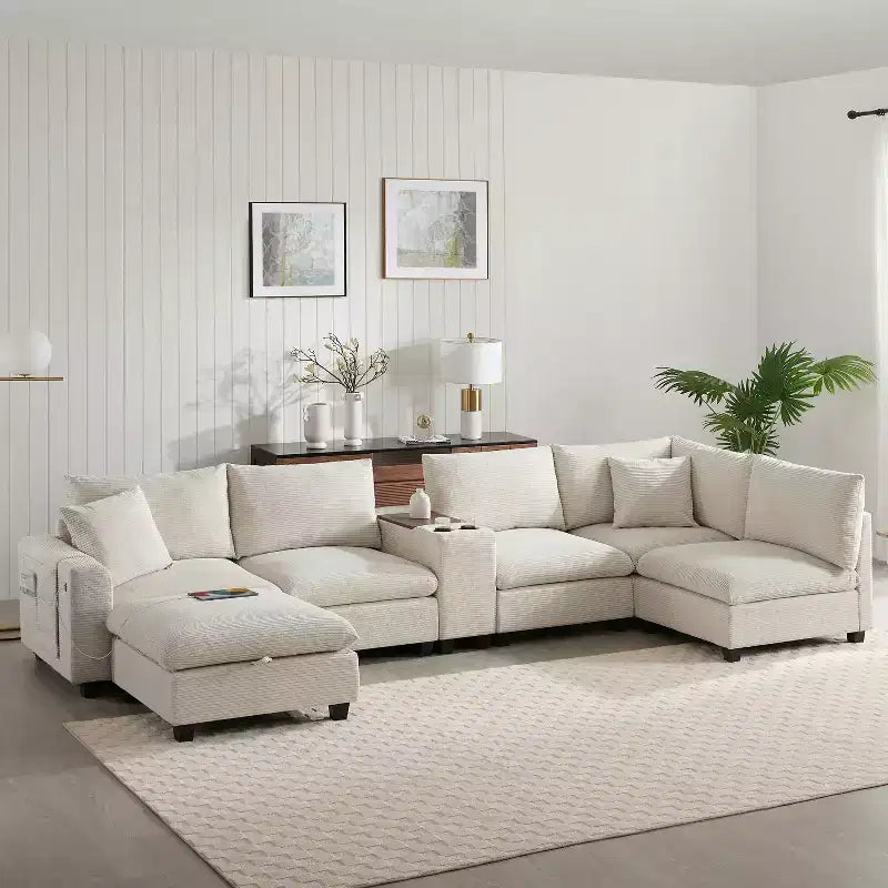 Whisen Chenille Sectional Sofa & Comfy Cloud Couch Set with Drop-Down Table, Cup Holders, Storage Armrest