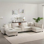 Whisen Chenille Sectional Sofa & Comfy Cloud Couch Set with Drop-Down Table, Cup Holders, Storage Armrest