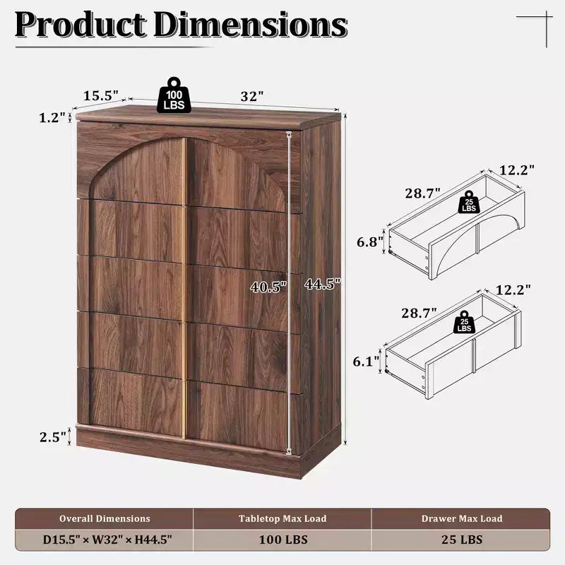 Commode 5 tiroirs, 44 commodes et chiffons hauts, design à panneaux arqués, commode verticale moderne en bois à texture naturelle pour chambre à coucher