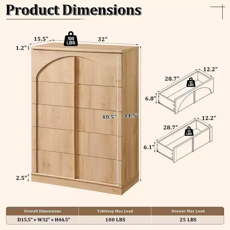 Commode 5 tiroirs, 44 commodes et chiffons hauts, design à panneaux arqués, commode verticale moderne en bois à texture naturelle pour chambre à coucher