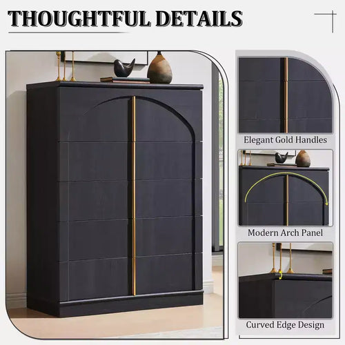 Commode 5 tiroirs, 44 commodes et chiffons hauts, design à panneaux arqués, commode verticale moderne en bois à texture naturelle pour chambre à coucher