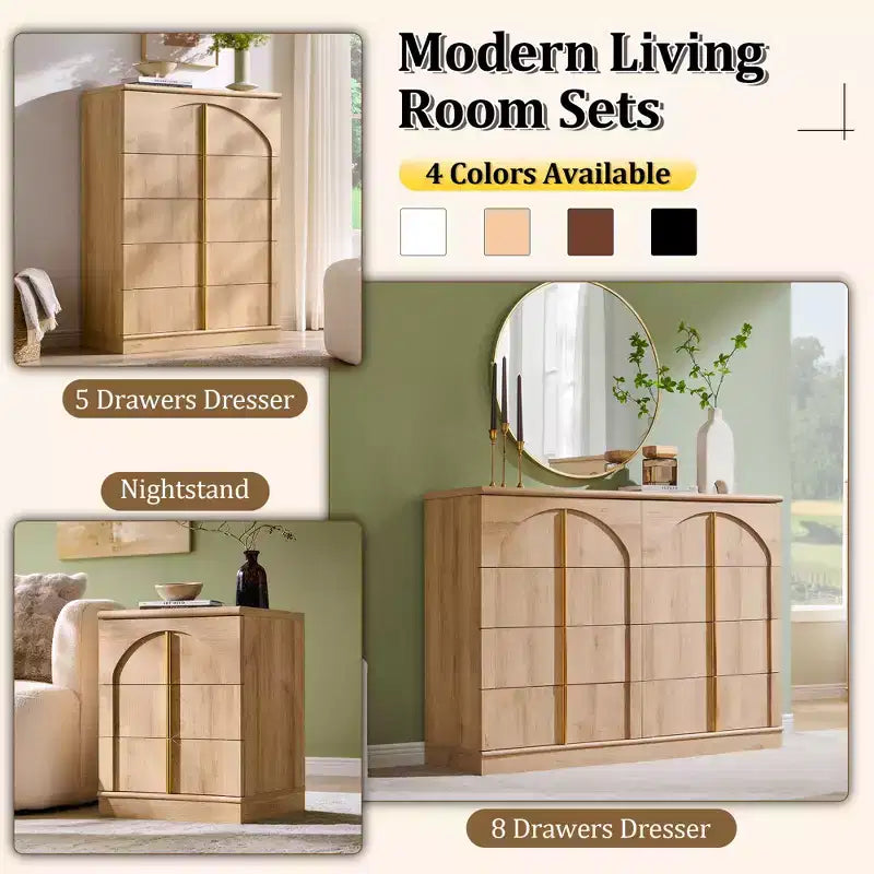 Commode 5 tiroirs, 44 commodes et chiffons hauts, design à panneaux arqués, commode verticale moderne en bois à texture naturelle pour chambre à coucher