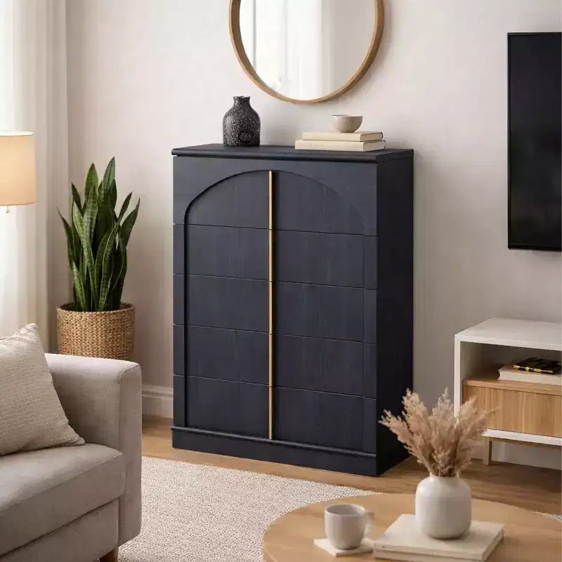 Commode 5 tiroirs, 44 commodes et chiffons hauts, design à panneaux arqués, commode verticale moderne en bois à texture naturelle pour chambre à coucher
