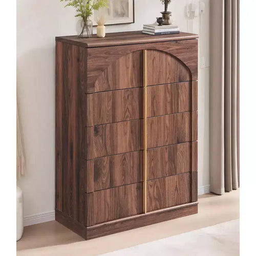 5 Drawer Dresser, 44 Tall Dressers & Chests of Drawers Arched Panel Design, Wood Modern Vertical Dresser Natural Texture for Bedroom