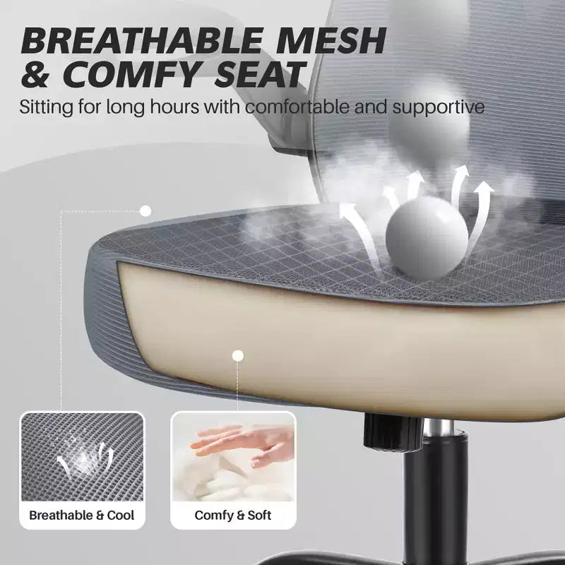 Chaise de bureau ergonomique KERDOM, Chaise d'ordinateur en maille, avec soutien lombaire, accoudoirs rotatifs et réversibles, réglable en hauteur