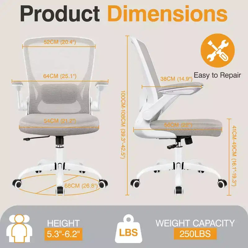 Chaise de bureau ergonomique KERDOM, Chaise d'ordinateur en maille, avec soutien lombaire, accoudoirs rotatifs et réversibles, réglable en hauteur