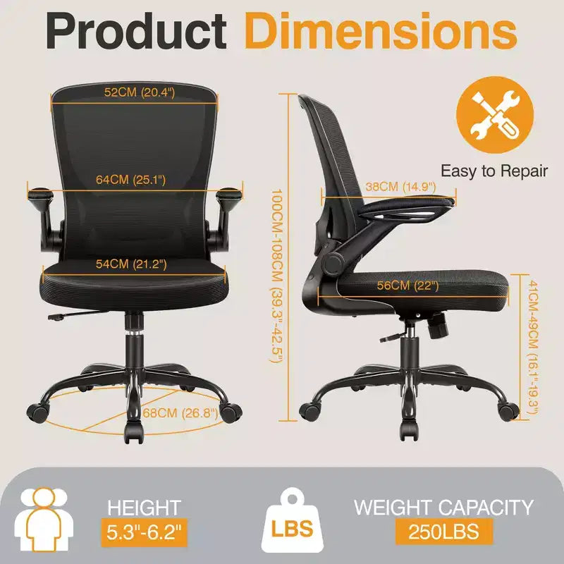 Chaise de bureau ergonomique KERDOM, Chaise d'ordinateur en maille, avec soutien lombaire, accoudoirs rotatifs et réversibles, réglable en hauteur