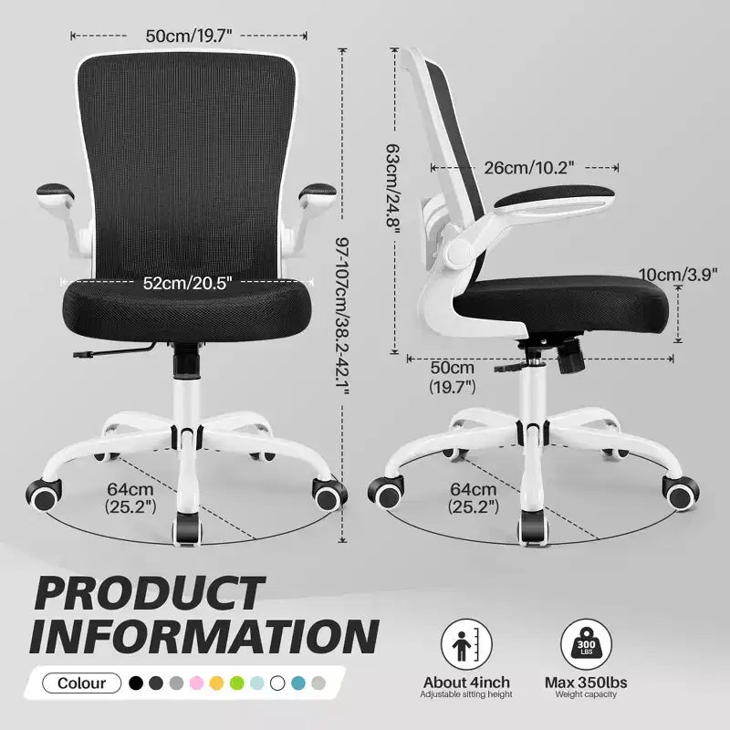 Chaise de bureau ergonomique KERDOM, Chaise d'ordinateur en maille, avec soutien lombaire, accoudoirs rotatifs et réversibles, réglable en hauteur