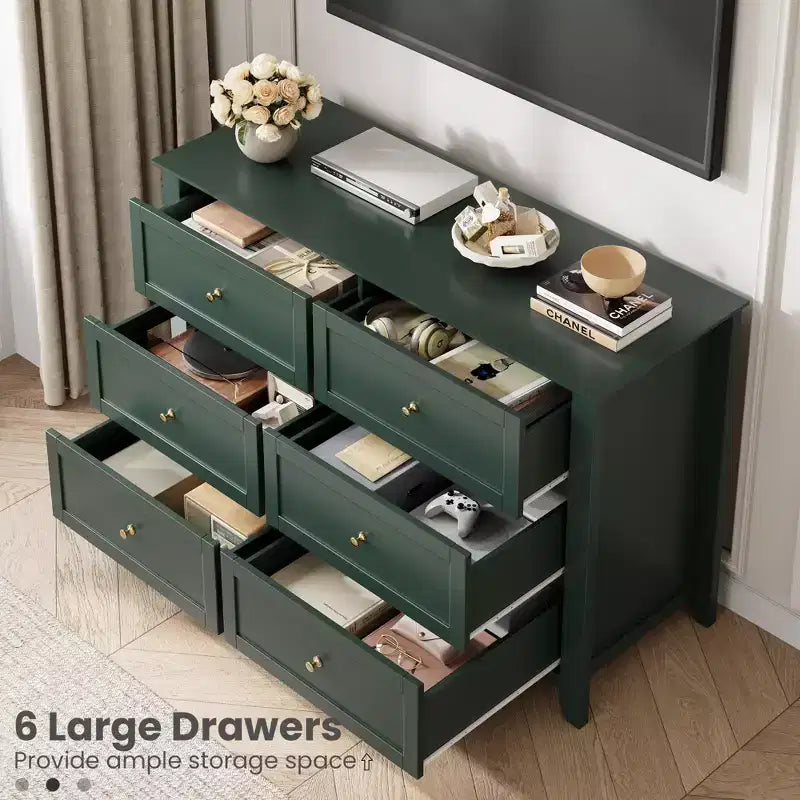 Commode de chambre à 6 tiroirs, commode moderne en MDF avec rangement profond et poignées en métal pour couloir et entrée