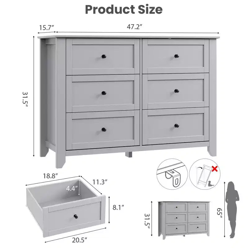Commode de chambre à 6 tiroirs, commode moderne en MDF avec rangement profond et poignées en métal pour couloir et entrée