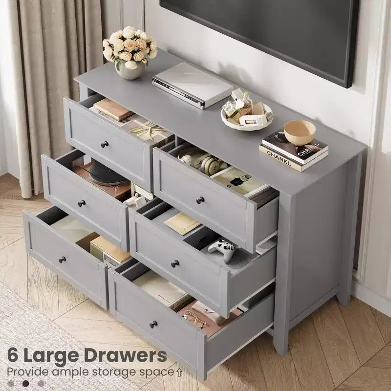 Commode de chambre à 6 tiroirs, commode moderne en MDF avec rangement profond et poignées en métal pour couloir et entrée