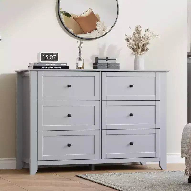 Commode de chambre à 6 tiroirs, commode moderne en MDF avec rangement profond et poignées en métal pour couloir et entrée