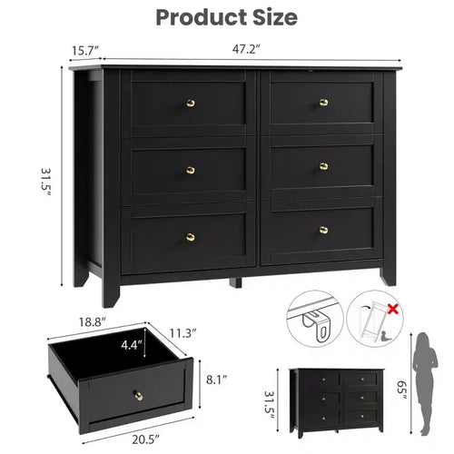 Commode de chambre à 6 tiroirs, commode moderne en MDF avec rangement profond et poignées en métal pour couloir et entrée