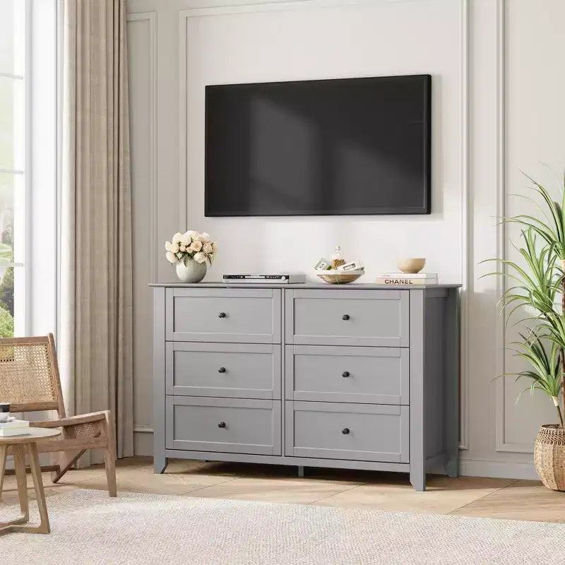 Commode de chambre à 6 tiroirs, commode moderne en MDF avec rangement profond et poignées en métal pour couloir et entrée
