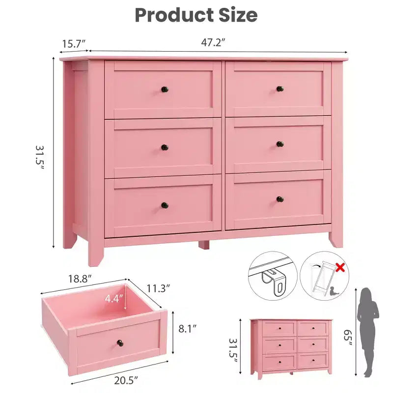 Commode de chambre à 6 tiroirs, commode moderne en MDF avec rangement profond et poignées en métal pour couloir et entrée