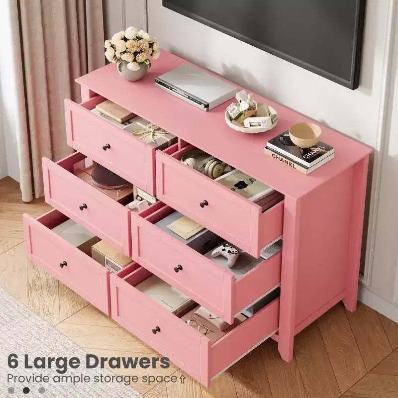 Commode de chambre à 6 tiroirs, commode moderne en MDF avec rangement profond et poignées en métal pour couloir et entrée