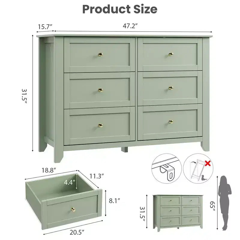 Commode de chambre à 6 tiroirs, commode moderne en MDF avec rangement profond et poignées en métal pour couloir et entrée