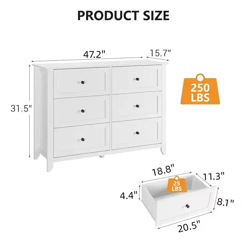 Commode de chambre à 6 tiroirs, commode moderne en MDF avec rangement profond et poignées en métal pour couloir et entrée