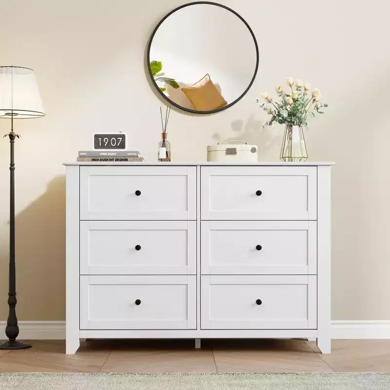 Commode de chambre à 6 tiroirs, commode moderne en MDF avec rangement profond et poignées en métal pour couloir et entrée