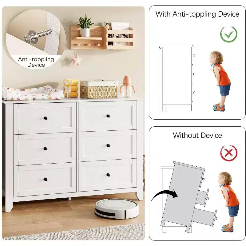 Commode de chambre à 6 tiroirs, commode moderne en MDF avec rangement profond et poignées en métal pour couloir et entrée