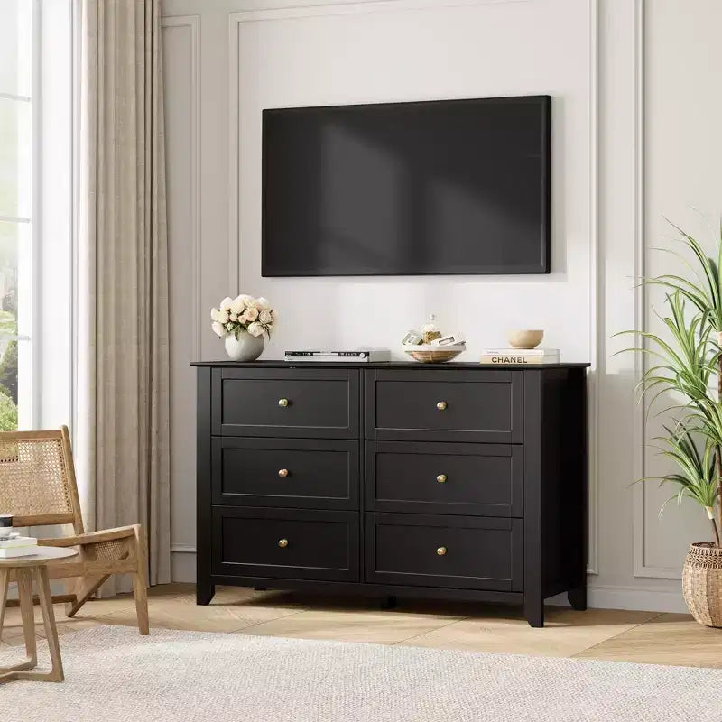 Commode de chambre à 6 tiroirs, commode moderne en MDF avec rangement profond et poignées en métal pour couloir et entrée