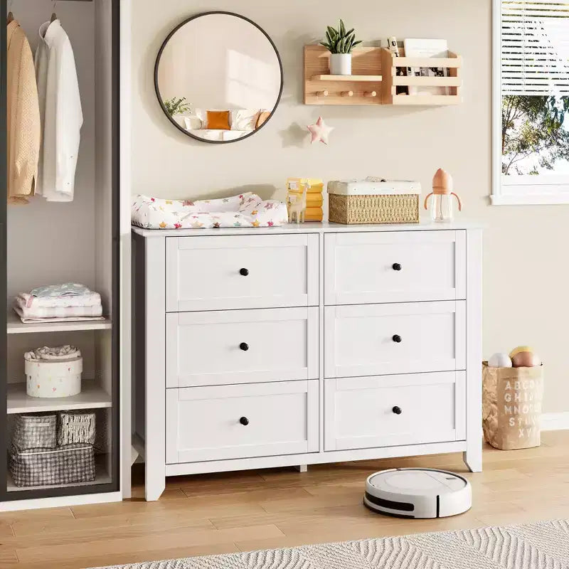 Commode de chambre à 6 tiroirs, commode moderne en MDF avec rangement profond et poignées en métal pour couloir et entrée