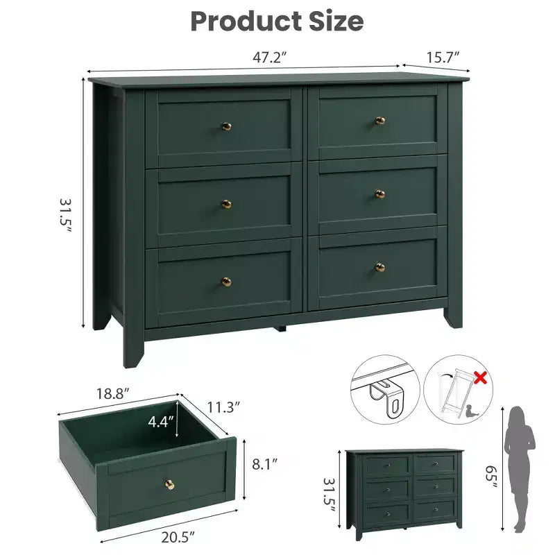 Commode de chambre à 6 tiroirs, commode moderne en MDF avec rangement profond et poignées en métal pour couloir et entrée