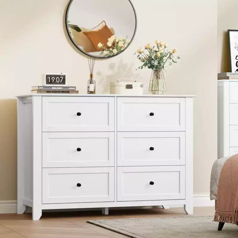 Commode de chambre à 6 tiroirs, commode moderne en MDF avec rangement profond et poignées en métal pour couloir et entrée