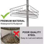 Étagère d'angle de salle de bain, étagère réglable à quatre niveaux, étagère de douche antirouille, support de baignoire autoportant, avec tringle télescopique