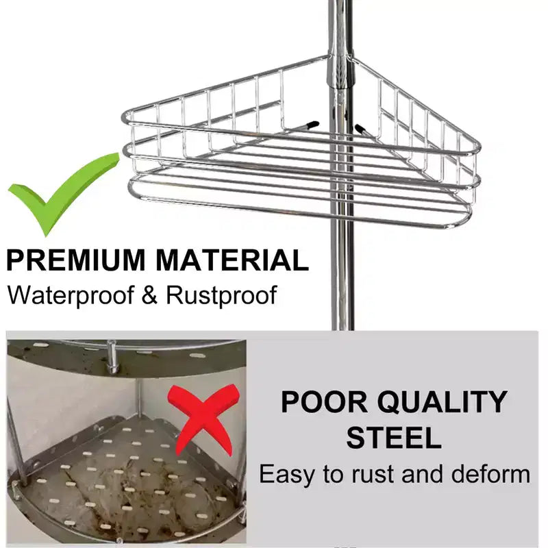Étagère d'angle de salle de bain, étagère réglable à quatre niveaux, étagère de douche antirouille, support de baignoire autoportant, avec tringle télescopique