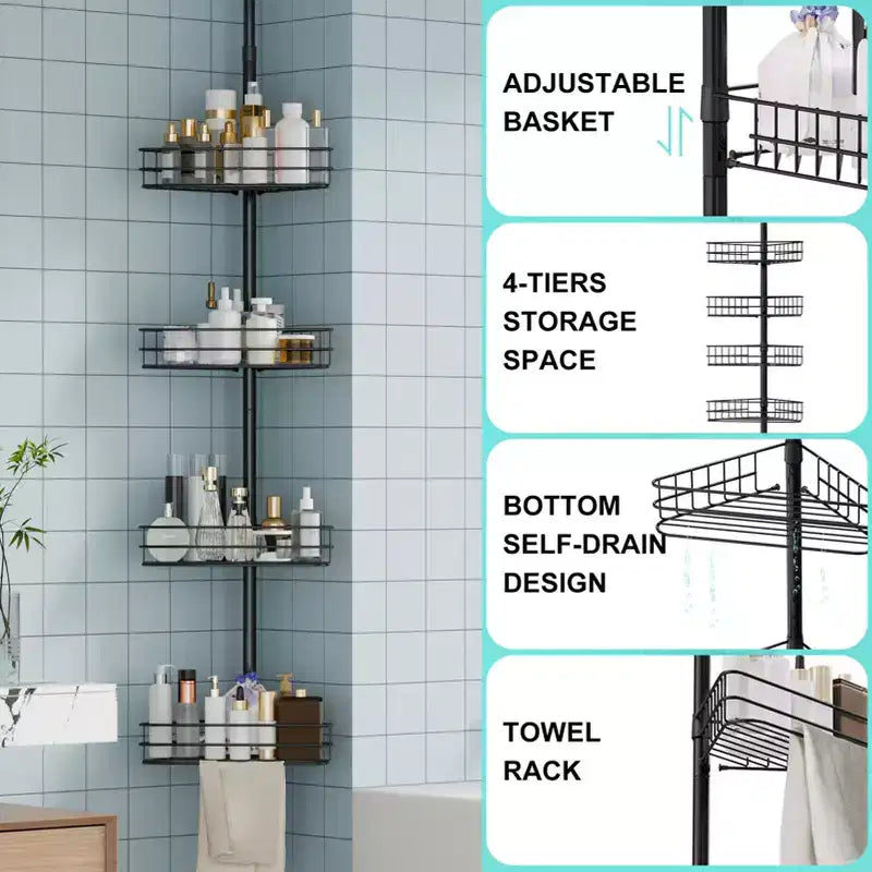 Étagère d'angle de salle de bain, étagère réglable à quatre niveaux, étagère de douche antirouille, support de baignoire autoportant, avec tringle télescopique